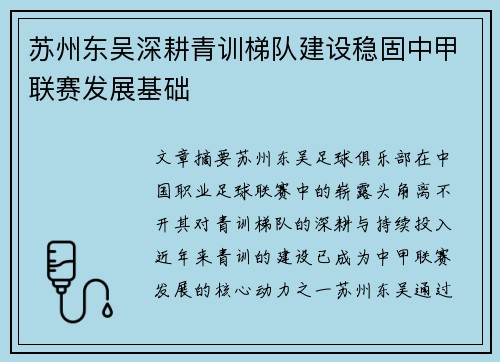 苏州东吴深耕青训梯队建设稳固中甲联赛发展基础 苏州东吴深耕青训梯队建设稳固中甲联赛发展基础